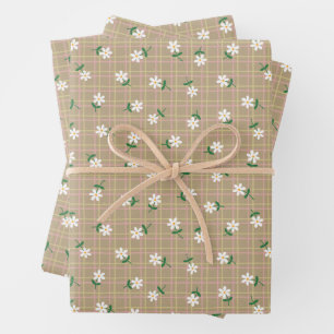 Daisies on Brown Plaid (large scale) Wrapping Paper Sheet