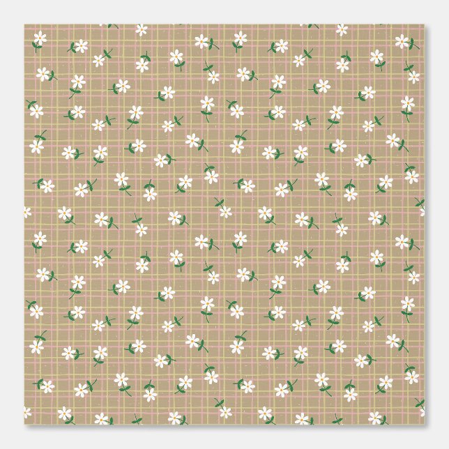 Daisies on Brown Plaid (medium scale) Wallpaper (Front)