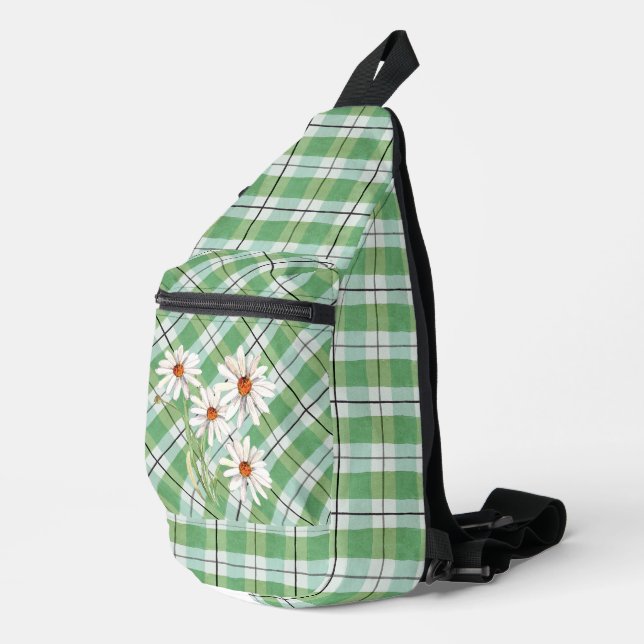 Daisies On Green and White Tartan Plaid Sling Bag (Right Corner)