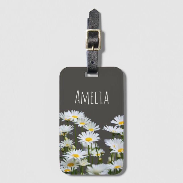 Daisies on Grey Luggage Tag (Front Vertical)