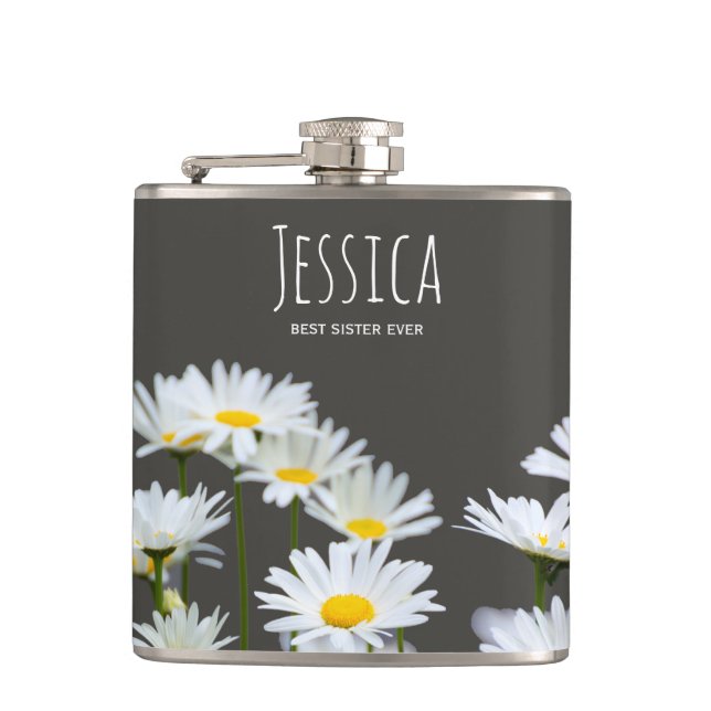 Daisies on Grey Personalised Best Sister Ever Hip Flask (Front)