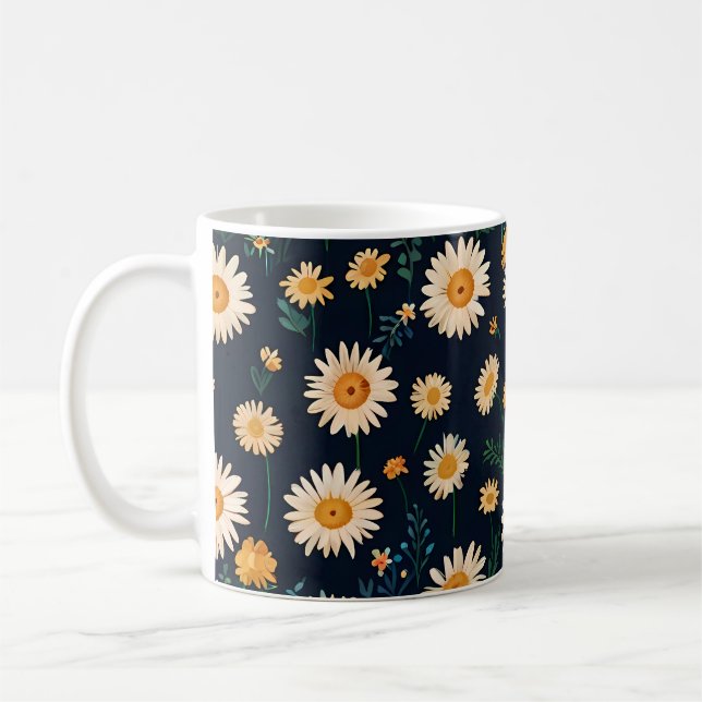 Daisies on mugs design pattern on deep blue (Left)