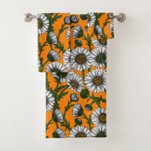 Daisies on orange bath towel set