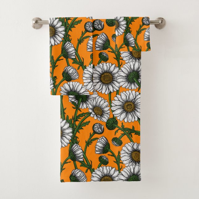 Daisies on orange bath towel set (Insitu)
