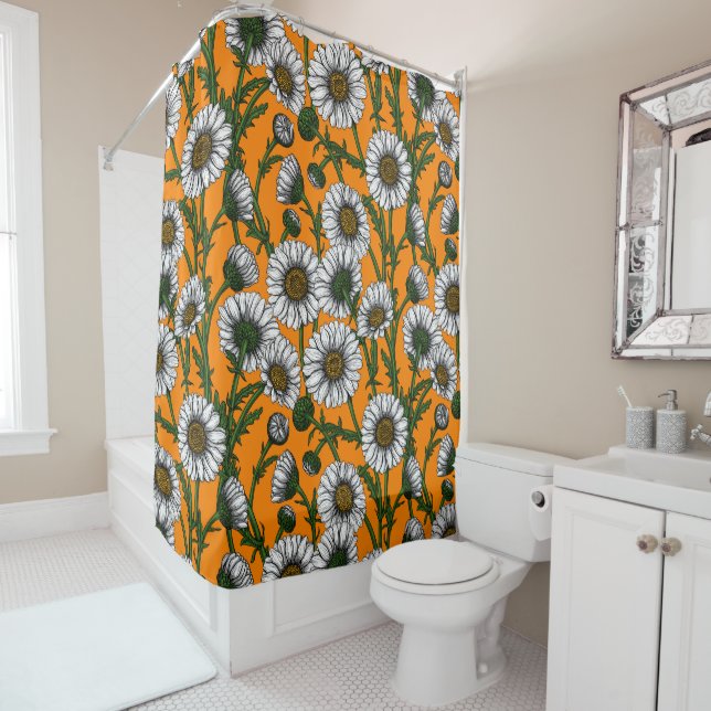 Daisies on orange shower curtain (In Situ)