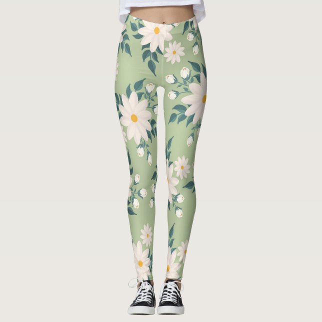 Daisies on Pastel Green Background Leggings (Front)
