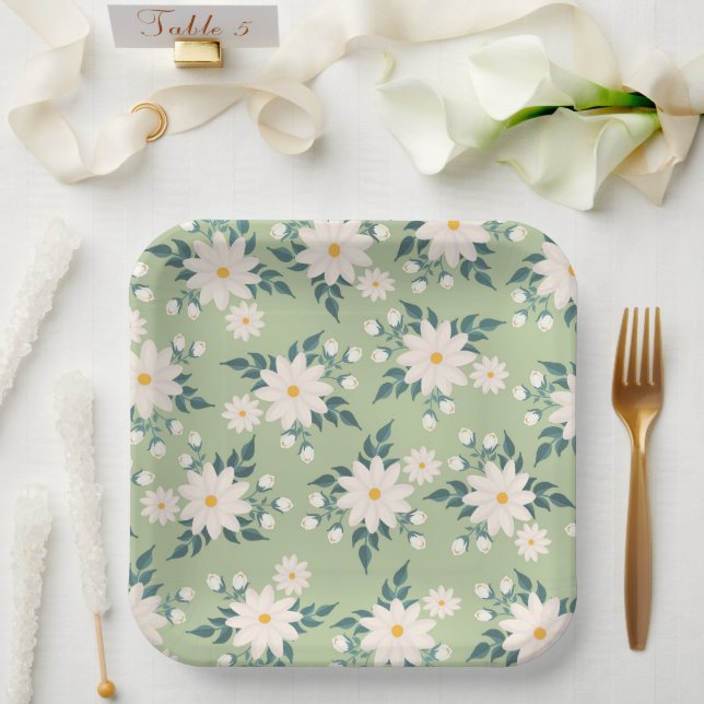Daisies on Pastel Green Background Paper Plate (Wedding)