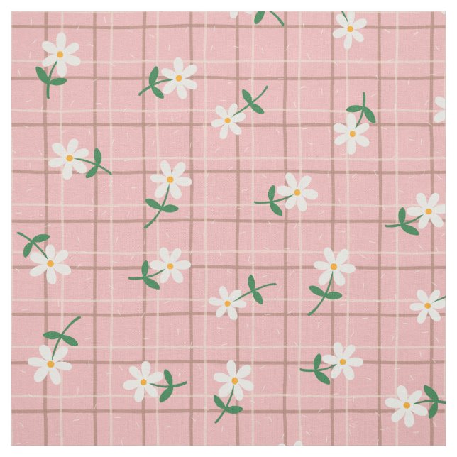 Daisies on Pink Plaid (medium scale) Fabric (Swatch)