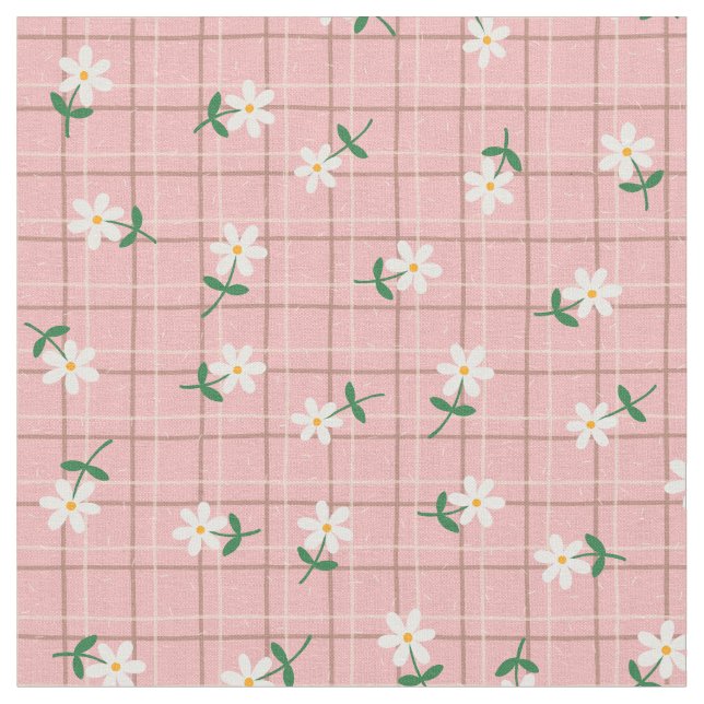 Daisies on Pink Plaid (small scale) Fabric (Close Up)