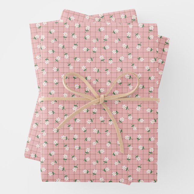 Daisies on Pink Plaid (small scale) Wrapping Paper Sheet (In situ)