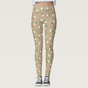 Daisies on Plaid (large scale) Brown  Leggings