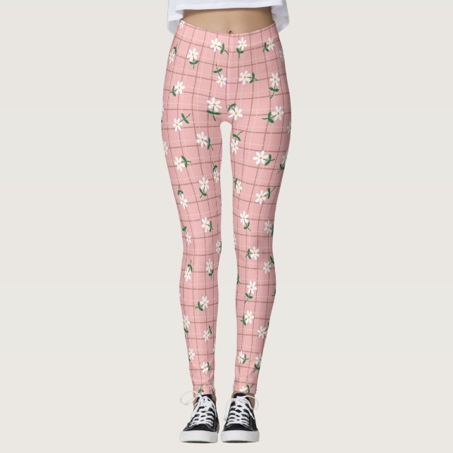 Daisies on Plaid (large scale) Pink  Leggings (Front)