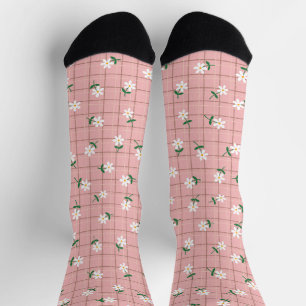 Daisies on Plaid (large scale) Pink Socks