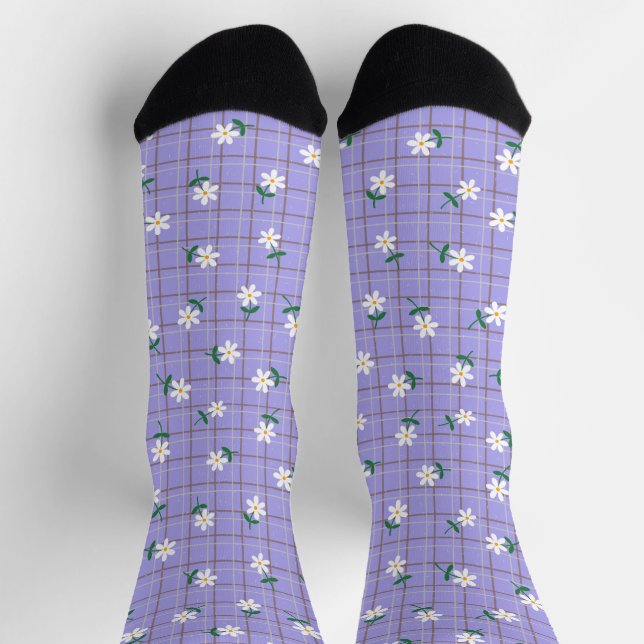Daisies on Plaid (large scale) Purple Socks (Top)