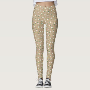Daisies on Plaid (small scale) Brown Leggings