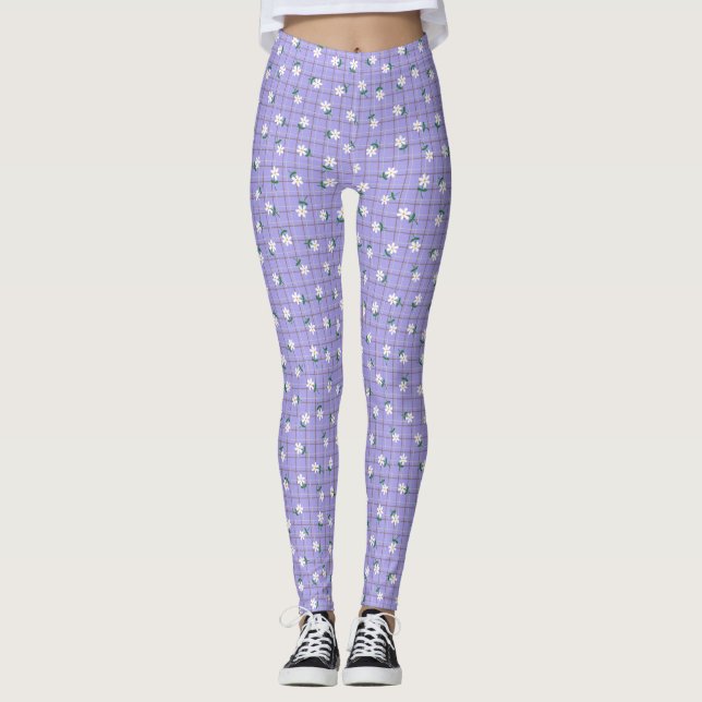 Daisies on Plaid (small scale) Purple Leggings (Front)