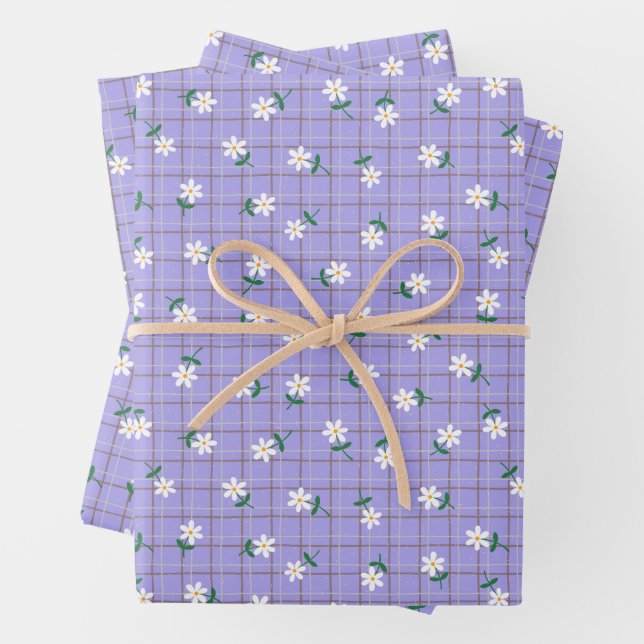 Daisies on Purple Plaid (large scale) Wrapping Paper Sheet (In situ)