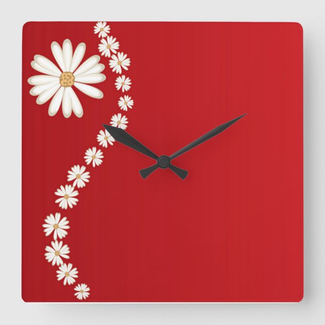 Daisies on Red Square Wall Clock (Front)