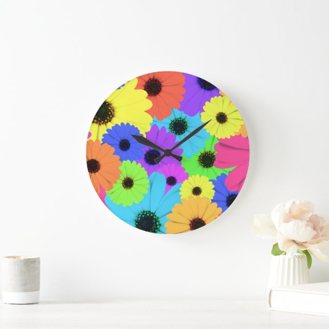 Daisies or Marigolds Colourful Psychedelic Pattern Large Clock (Home)
