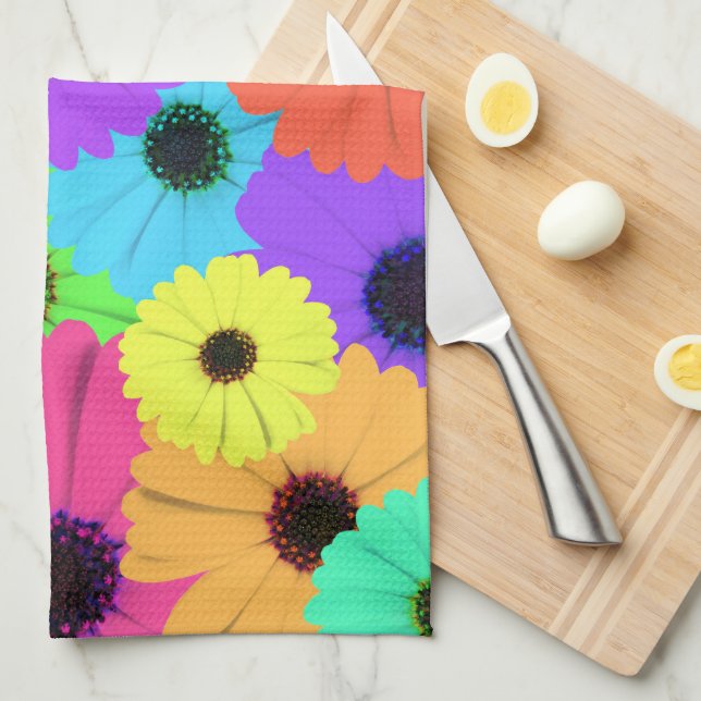 Daisies or Marigolds Colourful Psychedelic Pattern Tea Towel (Quarter Fold)