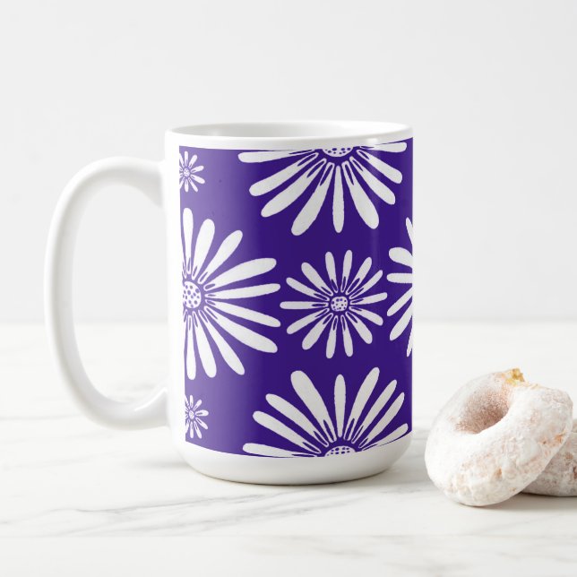 Daisies Purple White Floral Pattern Coffee Mug (With Donut)