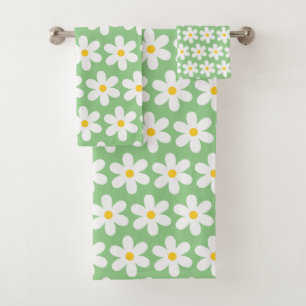 Daisies Retro Floral Pattern White Green Bath Towel Set