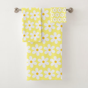 Daisies Retro Floral Pattern White Yellow Bath Towel Set
