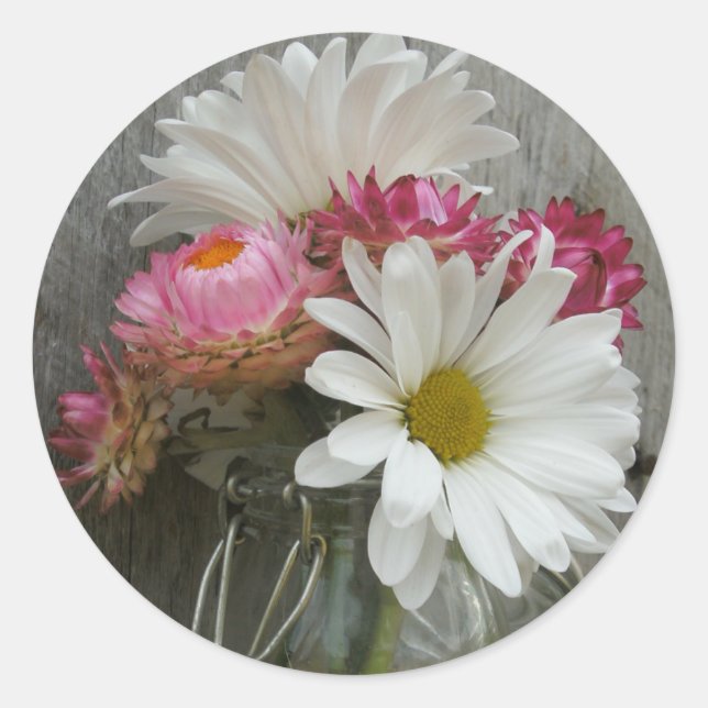 Daisies & Strawflowers in a Jar & Barnwood Sticker (Front)