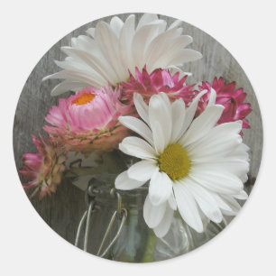 Daisies & Strawflowers in a Jar & Barnwood Sticker