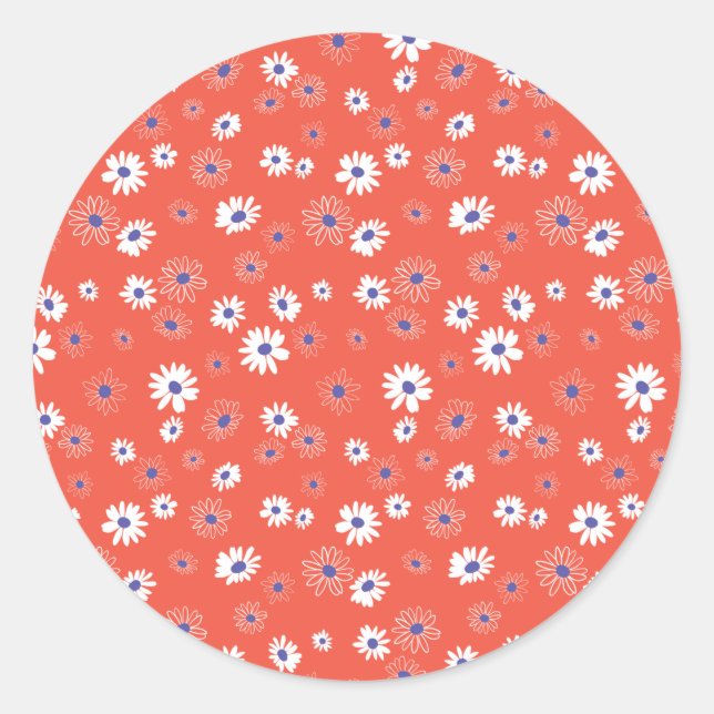 Daisies Whimsical Red White Blue Flowers Classic Round Sticker (Front)