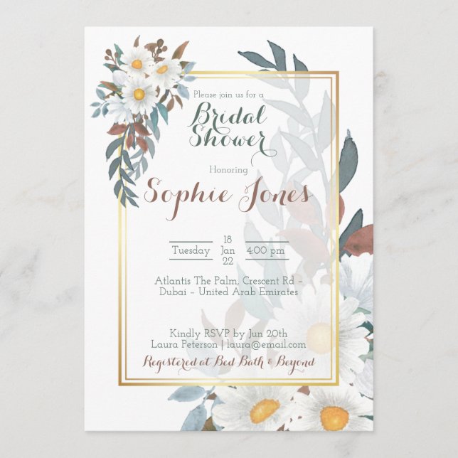 Daisies White Floral Gold Bridal Shower Invitation (Front)