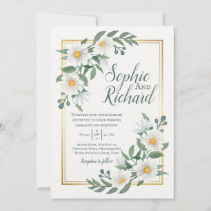 Daisies White Floral Gold Wedding Invitation