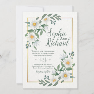 Daisies White Floral Gold Wedding Invitation