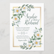 Daisies White Floral Gold Wedding Invitation