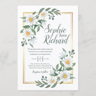 Daisies White Floral Gold Wedding Invitation