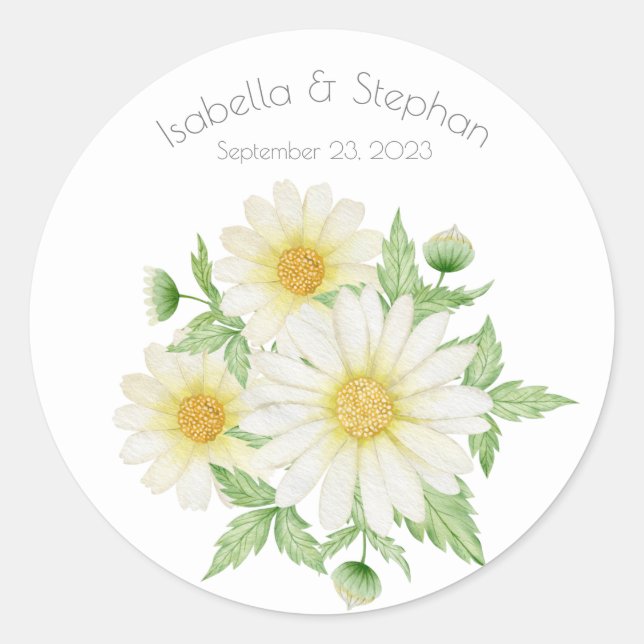 Daisies White Floral Theme Typography  Classic Round Sticker (Front)