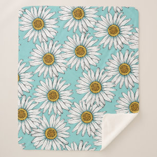 Daisies White Flowers on Blue vintage Seamless Pat Sherpa Blanket
