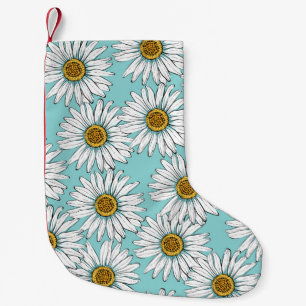 Daisies White Flowers on Blue vintage Seamless Pat Small Christmas Stocking