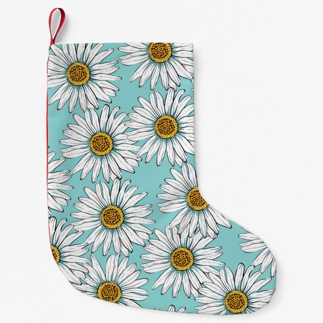 Daisies White Flowers on Blue vintage Seamless Pat Small Christmas Stocking (Front)