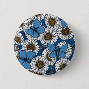 Daisies, white wild flowers and blue butterflies 6 cm round badge