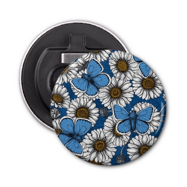Daisies, white wild flowers and blue butterflies bottle opener (Front)