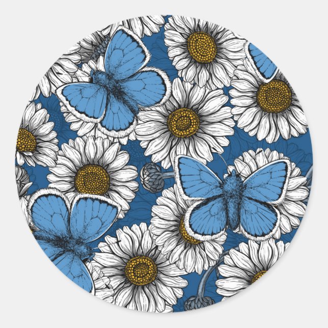 Daisies, white wild flowers and blue butterflies classic round sticker (Front)