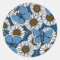 Daisies, white wild flowers and blue butterflies