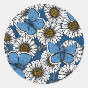 Daisies, white wild flowers and blue butterflies classic round sticker