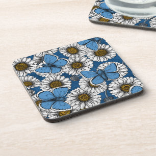 Daisies, white wild flowers and blue butterflies coaster