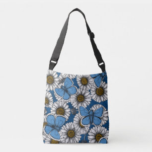 Daisies, white wild flowers and blue butterflies crossbody bag