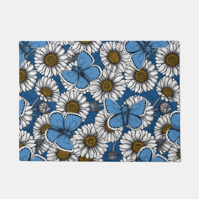 Daisies, white wild flowers and blue butterflies doormat (Front)