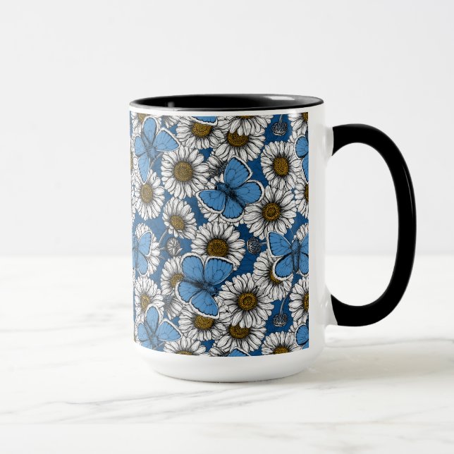 Daisies, white wild flowers and blue butterflies mug (Right)