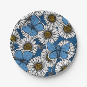 Daisies, white wild flowers and blue butterflies paper plate