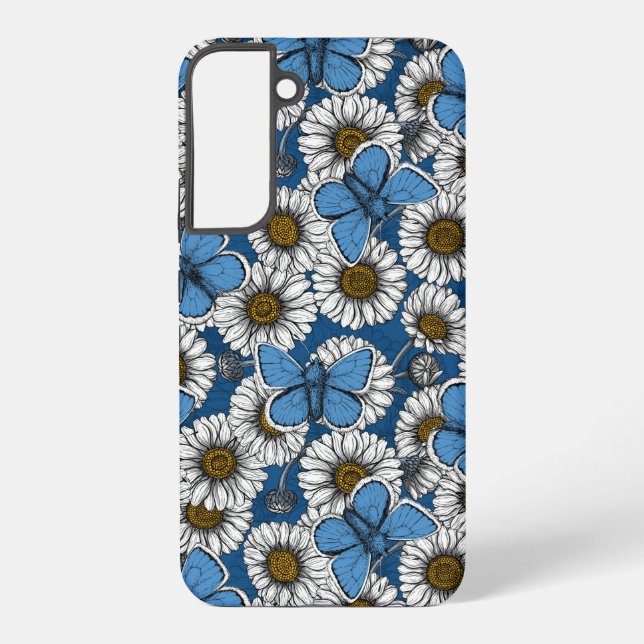 Daisies, white wild flowers and blue butterflies samsung galaxy s22+ case (Back)